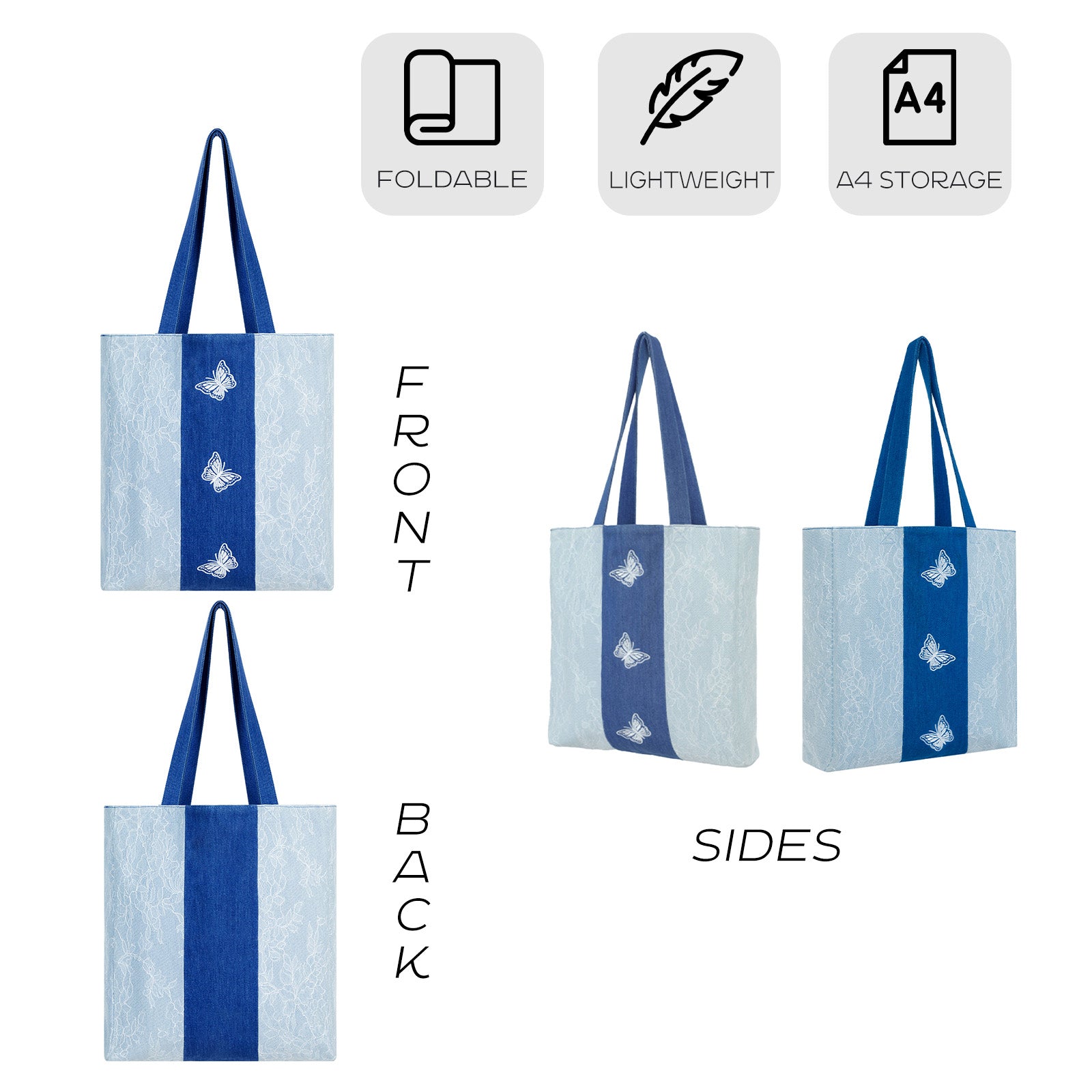 Aesthetic Premium Designer Lace Butterfly Large Denim Tote Bag | 2025 Summer French Romantic Niche Foldable Shoulder Purse with Pockets-Flutter Mirage