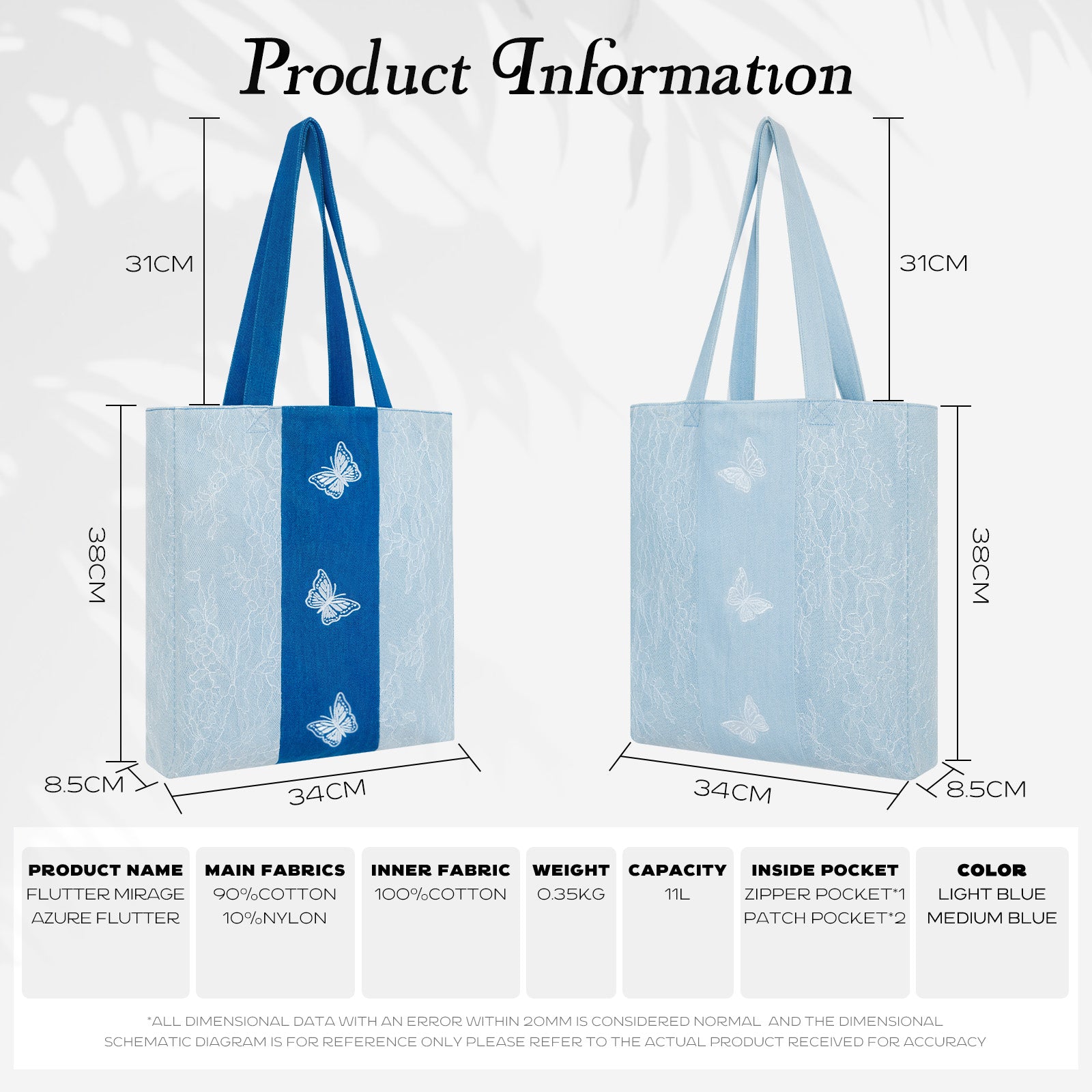 Aesthetic Premium Designer Lace Butterfly Large Denim Tote Bag | 2025 Summer French Romantic Niche Foldable Shoulder Purse with Pockets-Azure Flutter