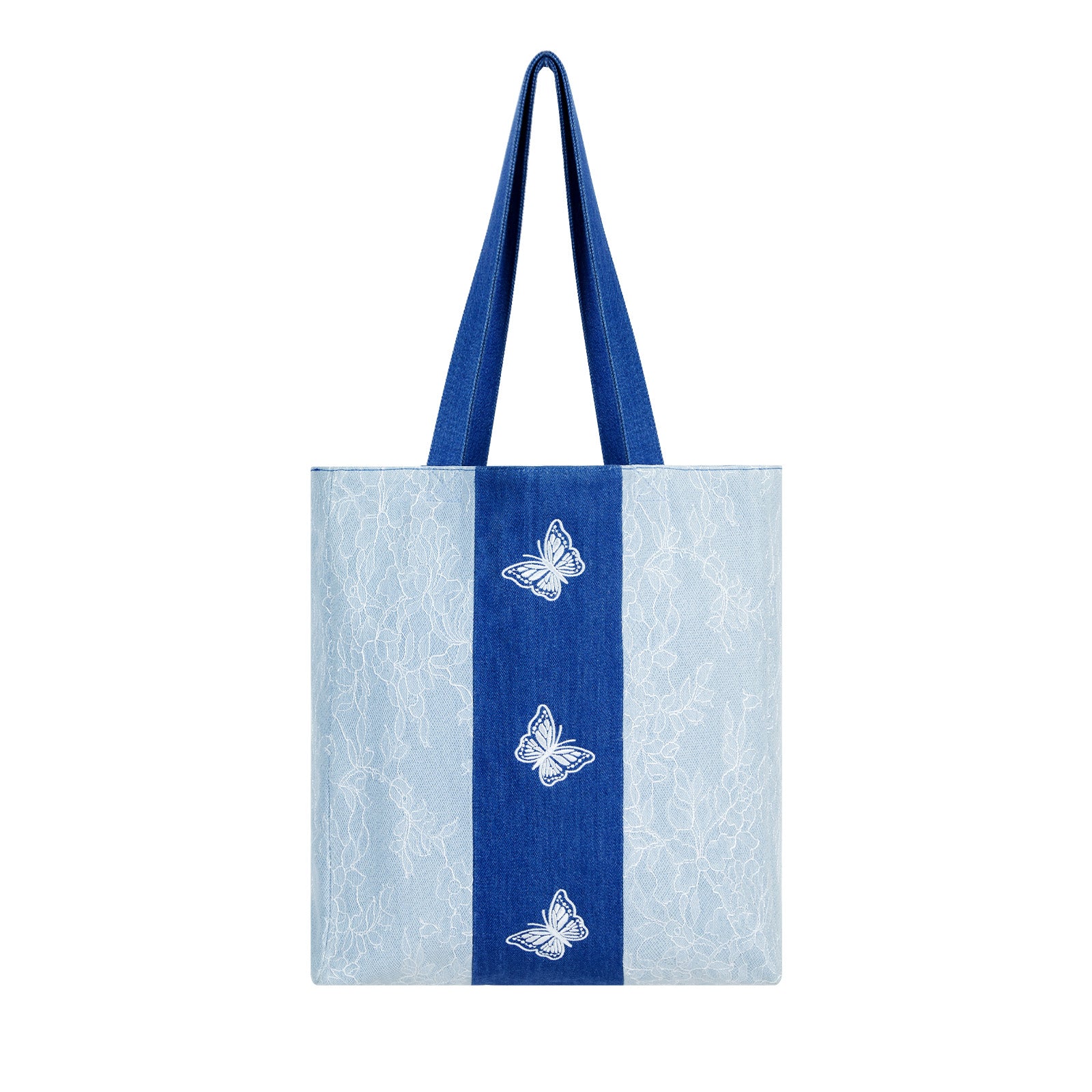 Aesthetic Premium Designer Lace Butterfly Large Denim Tote Bag | 2025 Summer French Romantic Niche Foldable Shoulder Purse with Pockets-Flutter Mirage