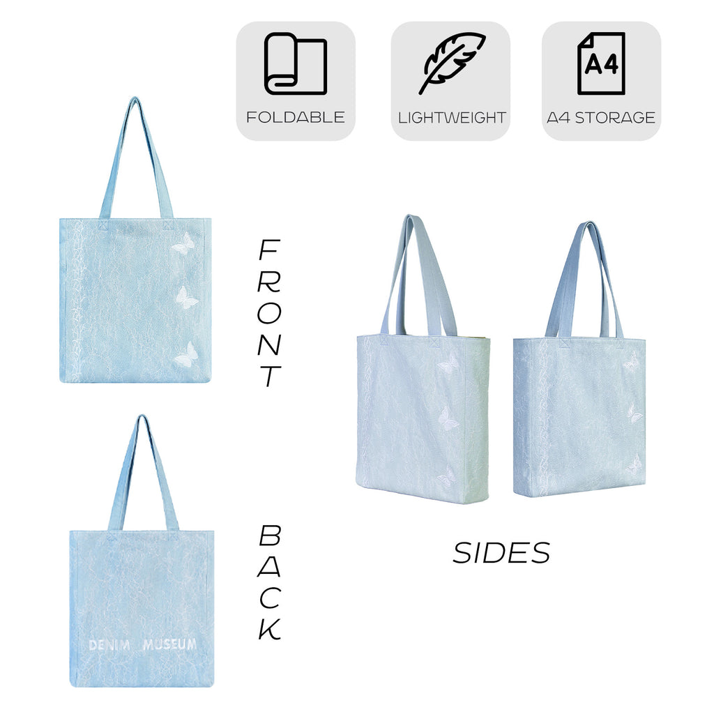 Aesthetic Premium Designer Lace Butterfly Shoulder Purse | 2025 Summer French Romantic Niche Foldable Large Denim Tote Bag with Pockets-Garden Reverie
