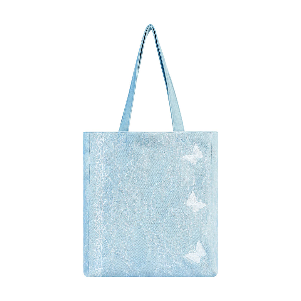 Aesthetic Premium Designer Lace Butterfly Shoulder Purse | 2025 Summer French Romantic Niche Foldable Large Denim Tote Bag with Pockets-Garden Reverie