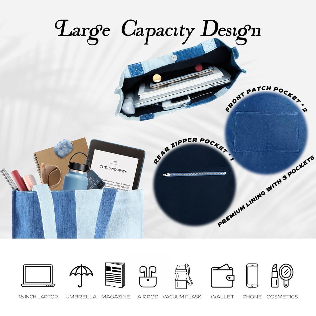 Aesthetic Premium Designer Colorblock Large Denim Tote Bag | 2025 Niche Lightweight Foldable Handbag with Pockets-Midnight Tides