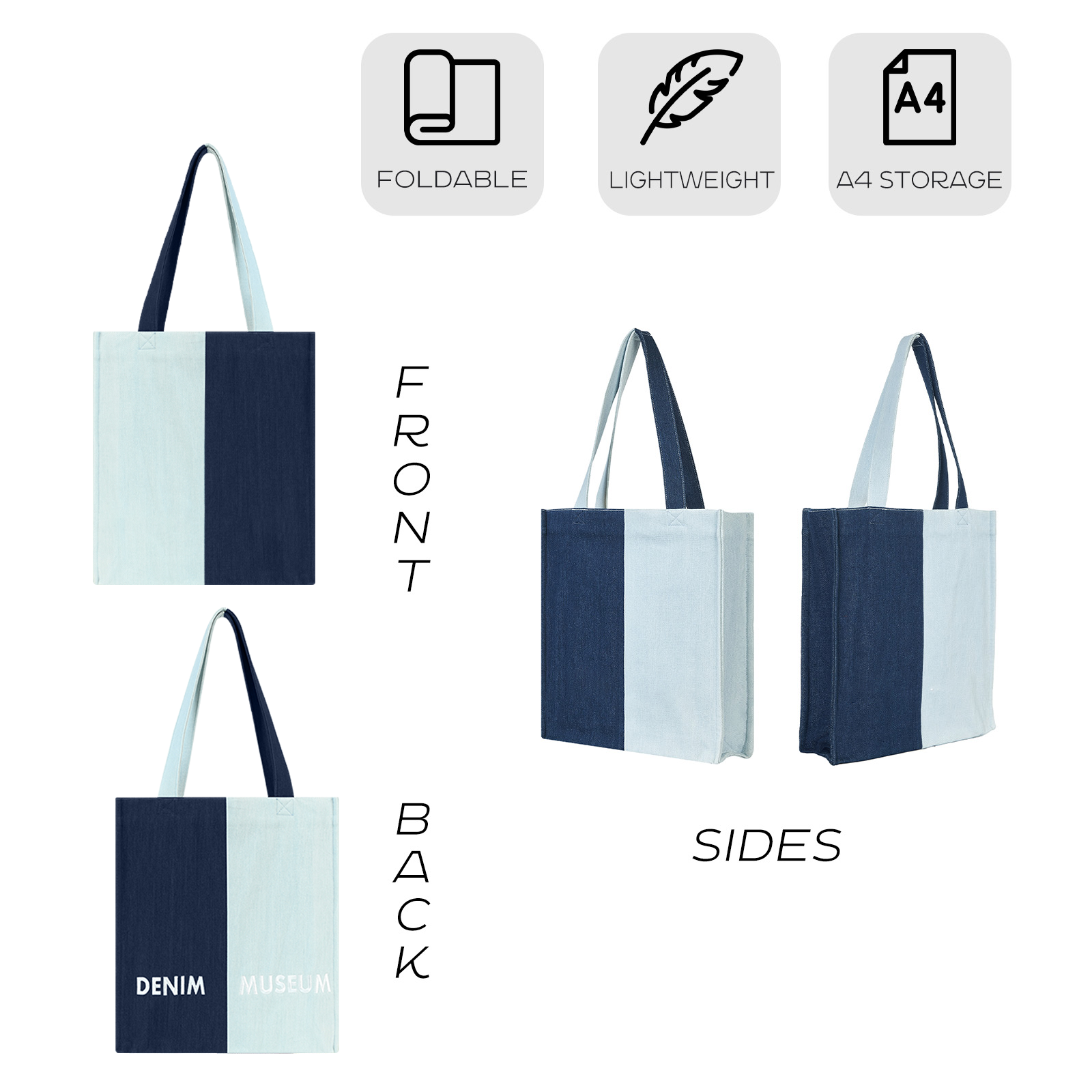 Aesthetic Premium Designer Colorblock Large Denim Tote Bag | 2025 Niche Lightweight Foldable Handbag with Pockets-Midnight Tides