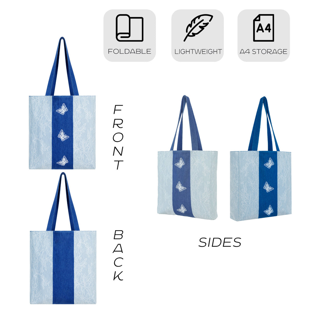 Aesthetic Premium Designer Lace Butterfly Large Denim Tote Bag | 2025 Summer French Romantic Niche Foldable Shoulder Purse with Pockets-Flutter Mirage