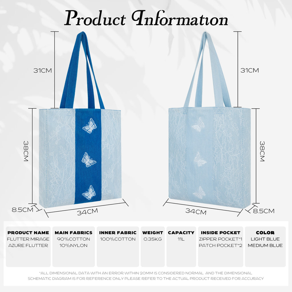 Aesthetic Premium Designer Lace Butterfly Large Denim Tote Bag | 2025 Summer French Romantic Niche Foldable Shoulder Purse with Pockets-Flutter Mirage