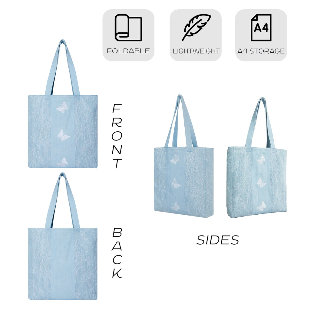 Aesthetic Premium Designer Lace Butterfly Large Denim Tote Bag | 2025 Summer French Romantic Niche Foldable Shoulder Purse with Pockets-Azure Flutter
