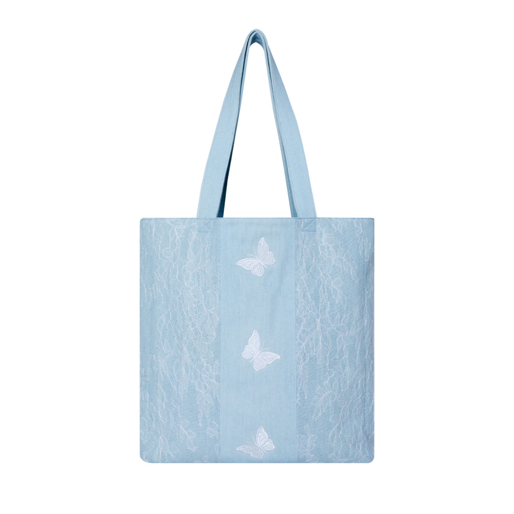 Aesthetic Premium Designer Lace Butterfly Large Denim Tote Bag | 2025 Summer French Romantic Niche Foldable Shoulder Purse with Pockets-Azure Flutter