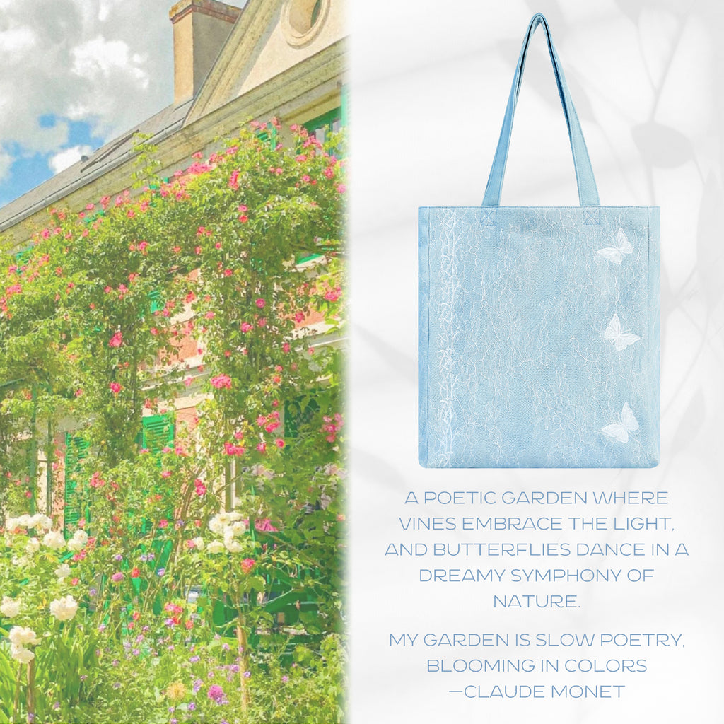 Aesthetic Premium Designer Lace Butterfly Shoulder Purse | 2025 Summer French Romantic Niche Foldable Large Denim Tote Bag with Pockets-Garden Reverie