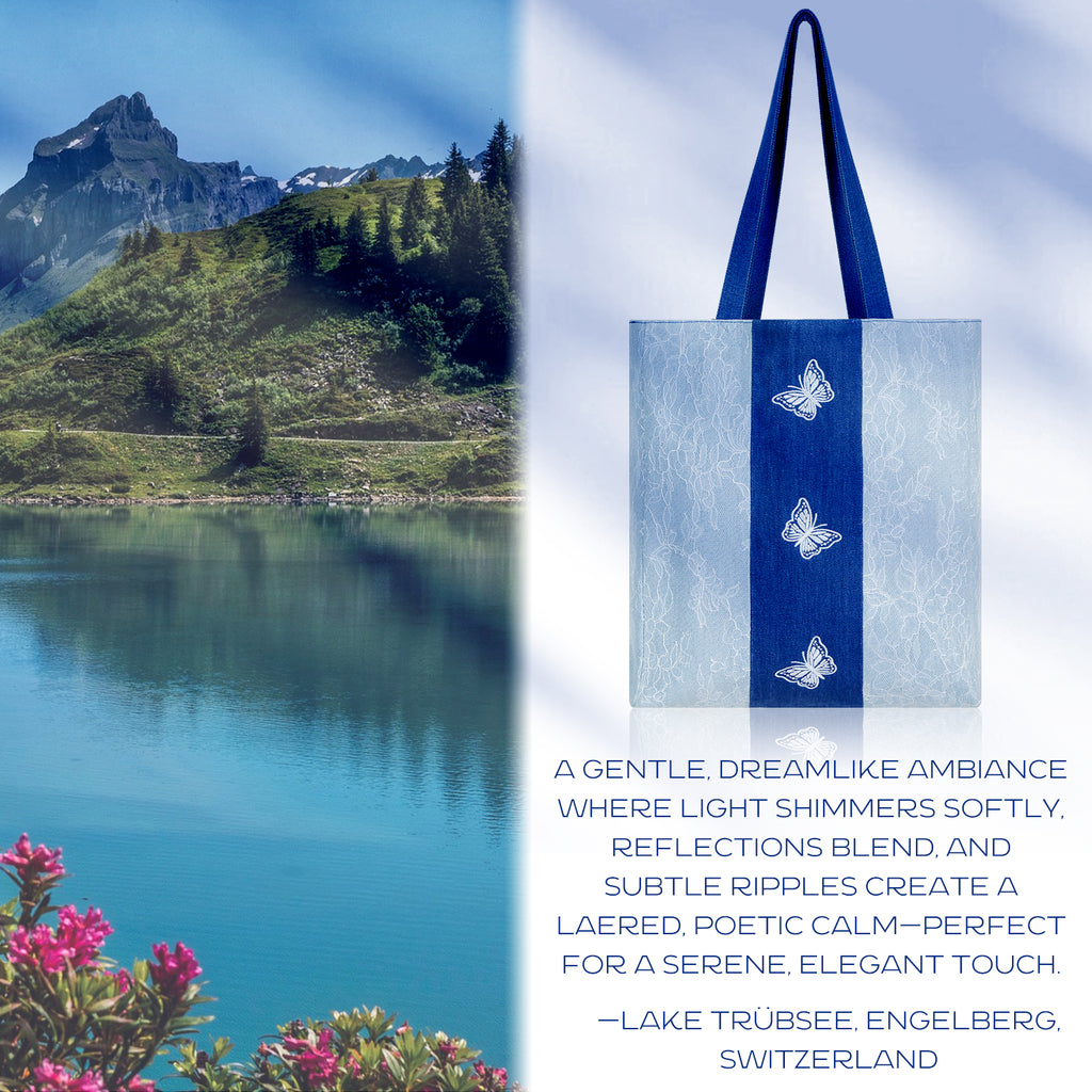 Aesthetic Premium Designer Lace Butterfly Large Denim Tote Bag | 2025 Summer French Romantic Niche Foldable Shoulder Purse with Pockets-Flutter Mirage