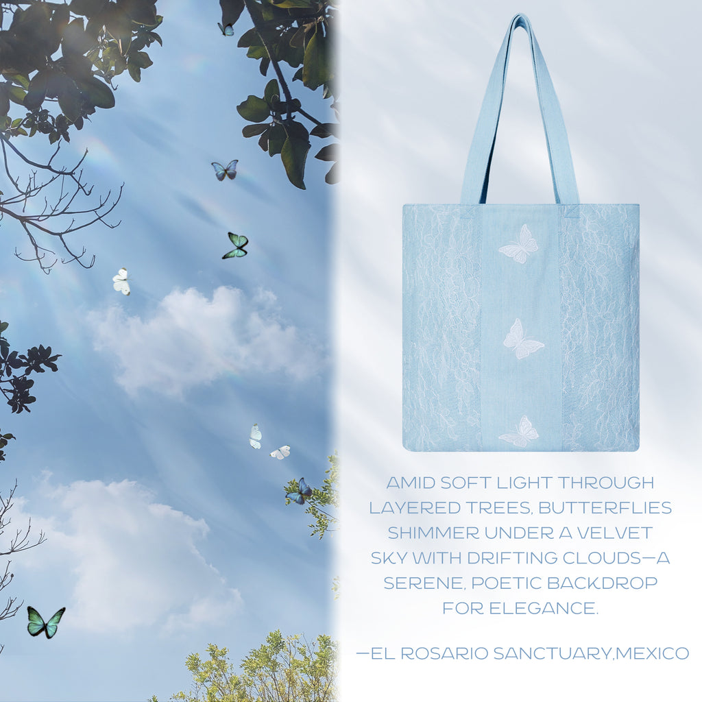 Aesthetic Premium Designer Lace Butterfly Large Denim Tote Bag | 2025 Summer French Romantic Niche Foldable Shoulder Purse with Pockets-Azure Flutter